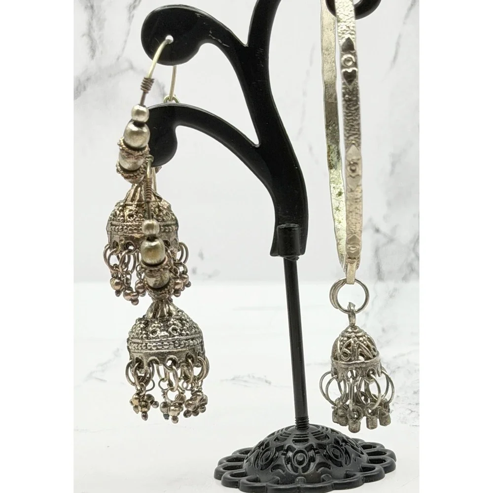 Silver Tone Filigree Dangle Bangle Bracelet Earrings Coordinating‎ Set Boho
